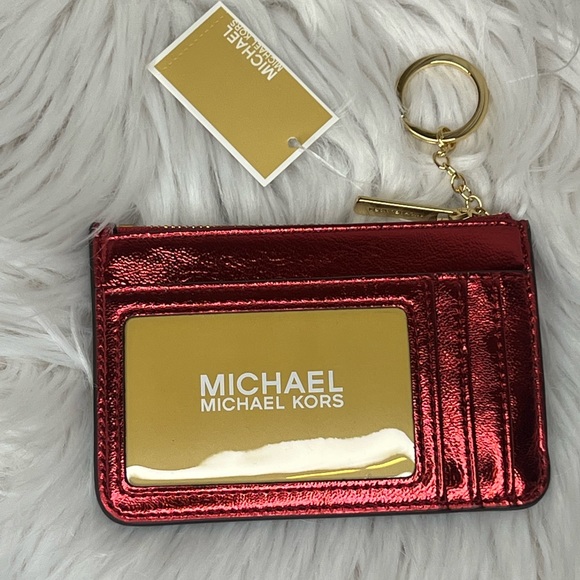 NWT Michael Kors Crimson Red Zip Coin Pouch Key Ring Wallet - Picture 2 of 5